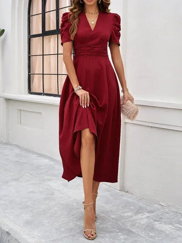 Women's V-Neck Midi Dress with Puff Sleeves