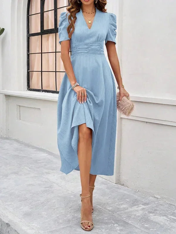 Women's V-Neck Midi Dress with Puff Sleeves