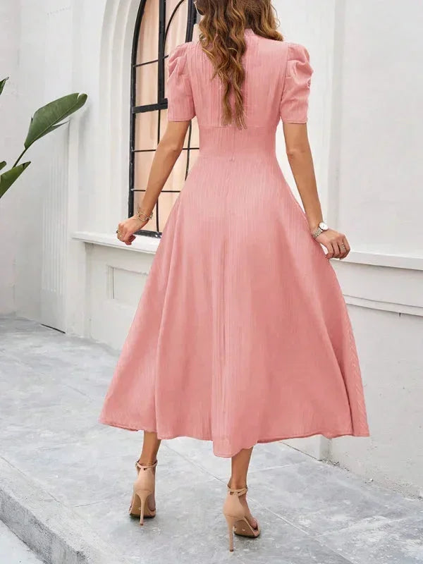 Women's V-Neck Midi Dress with Puff Sleeves