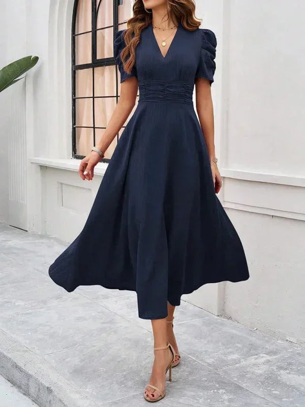 Women's V-Neck Midi Dress with Puff Sleeves