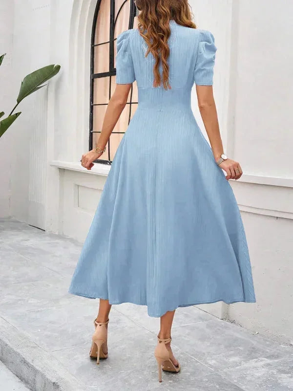 Women's V-Neck Midi Dress with Puff Sleeves