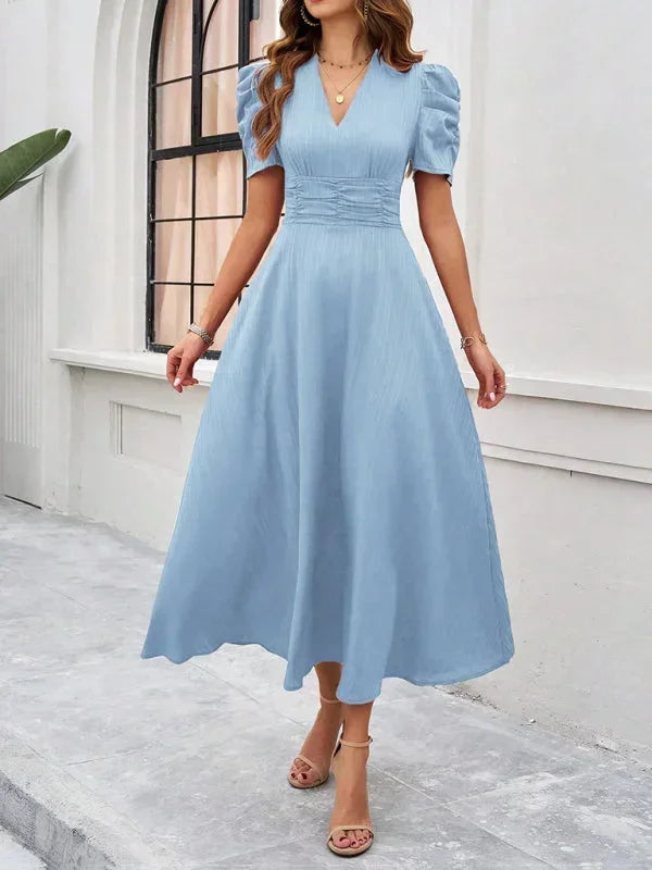 Women's V-Neck Midi Dress with Puff Sleeves