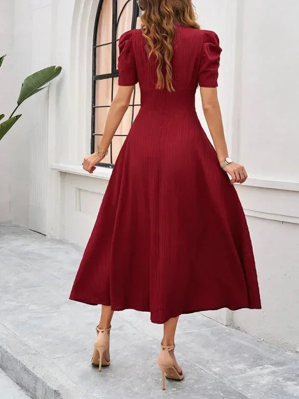 Women's V-Neck Midi Dress with Puff Sleeves
