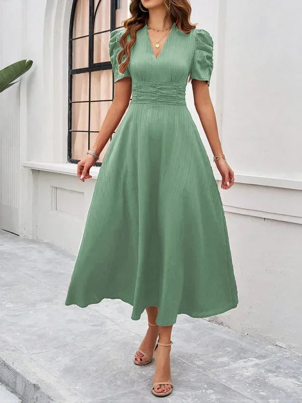 Women's V-Neck Midi Dress with Puff Sleeves