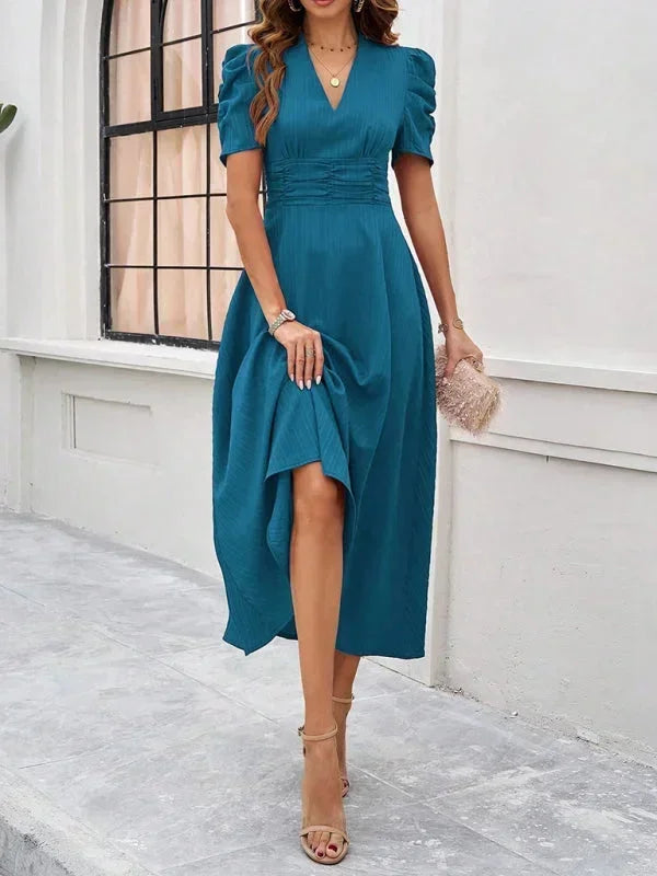 Women's V-Neck Midi Dress with Puff Sleeves