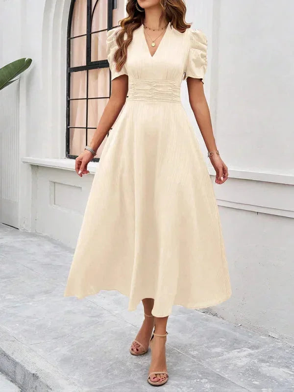 Women's V-Neck Midi Dress with Puff Sleeves