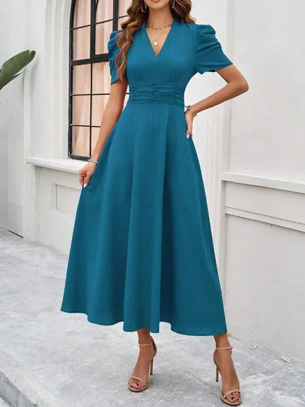 Women's V-Neck Midi Dress with Puff Sleeves