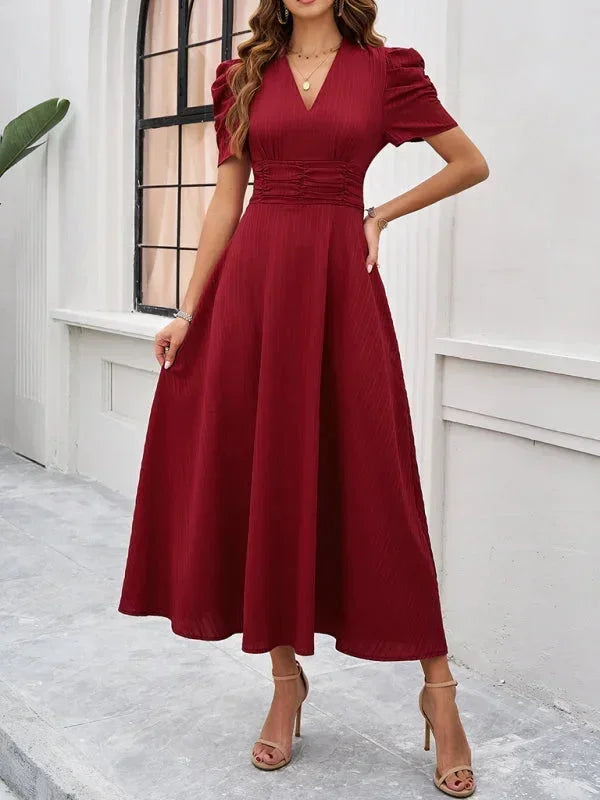 Women's V-Neck Midi Dress with Puff Sleeves