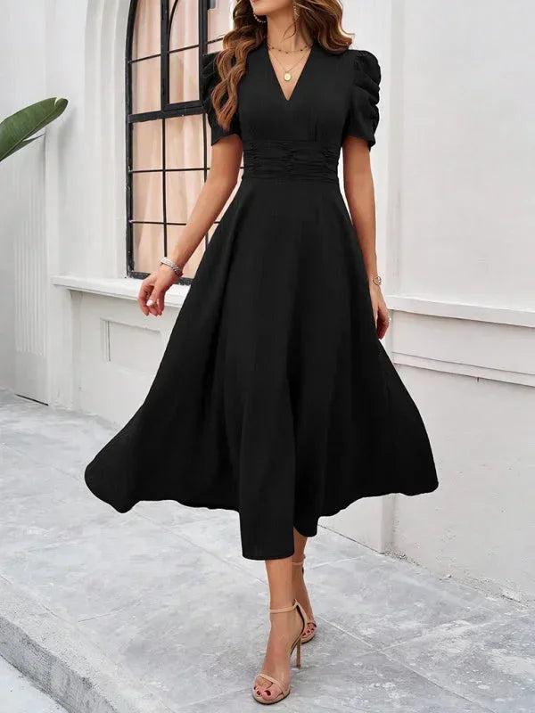 Women's V-Neck Midi Dress with Puff Sleeves