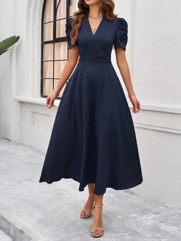 Women's V-Neck Midi Dress with Puff Sleeves
