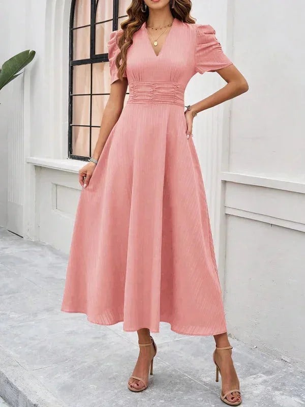 Women's V-Neck Midi Dress with Puff Sleeves