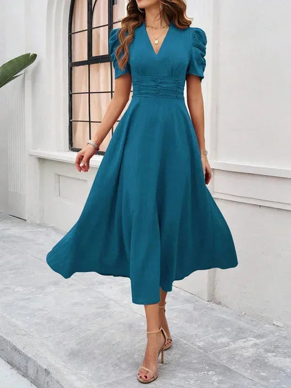 Women's V-Neck Midi Dress with Puff Sleeves