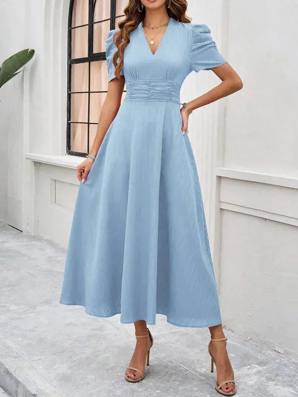 Women's V-Neck Midi Dress with Puff Sleeves