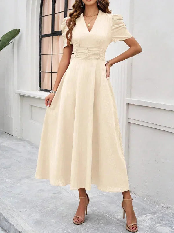 Women's V-Neck Midi Dress with Puff Sleeves