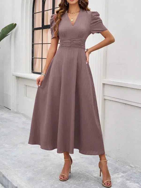 Women's V-Neck Midi Dress with Puff Sleeves