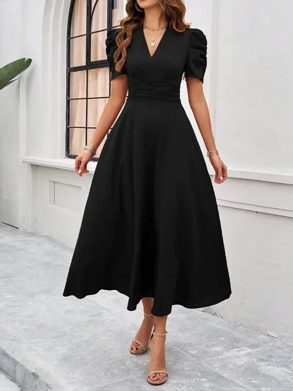 Women's V-Neck Midi Dress with Puff Sleeves