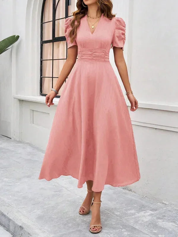Women's V-Neck Midi Dress with Puff Sleeves
