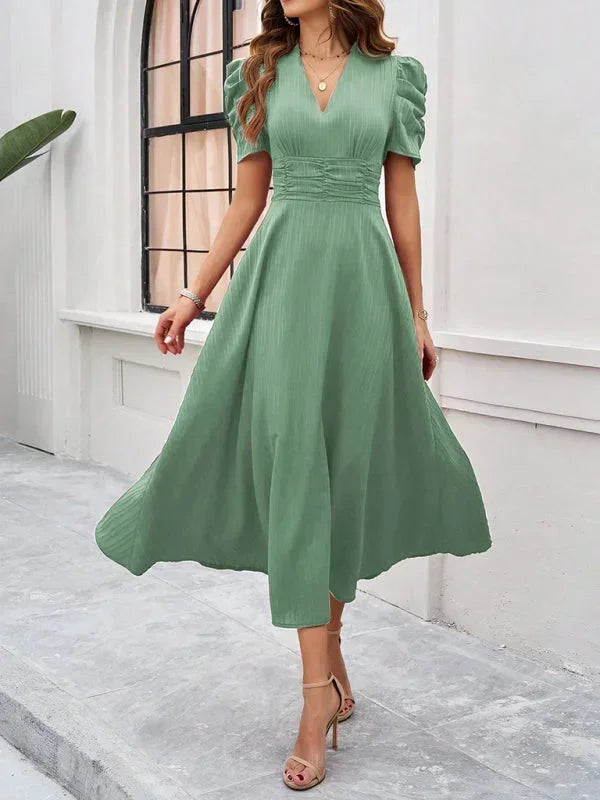 Women's V-Neck Midi Dress with Puff Sleeves