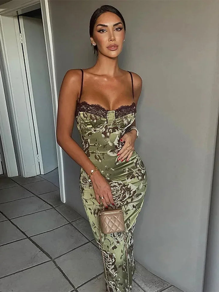 Women's Floral Satin Midi Dress with Strapless Corset Bodice