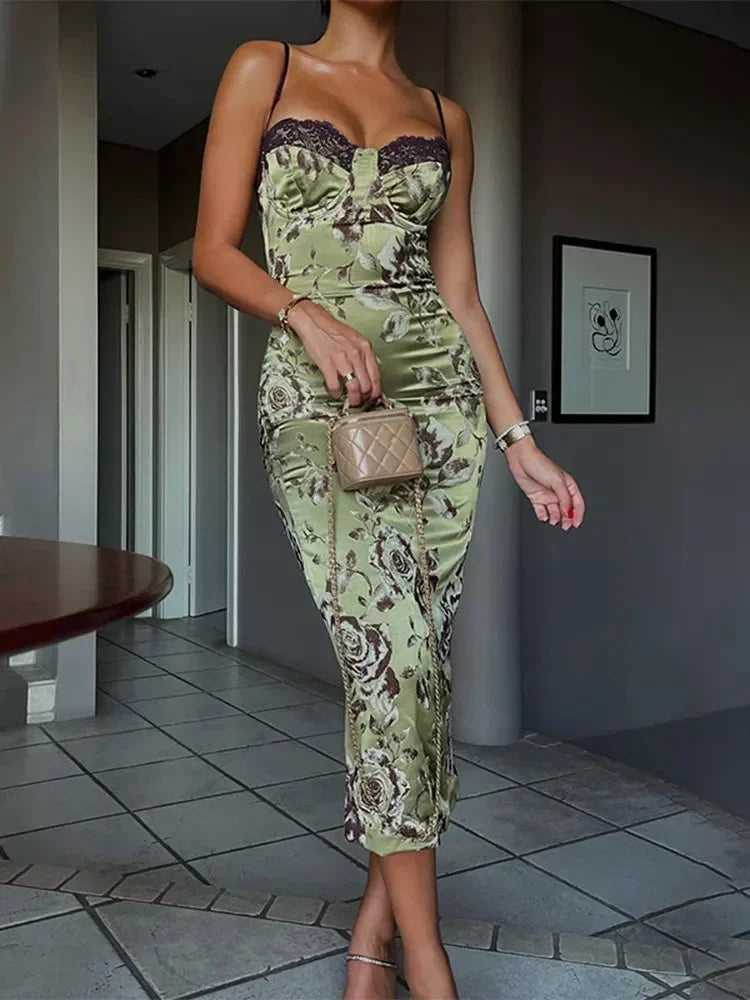 Women's Floral Satin Midi Dress with Strapless Corset Bodice