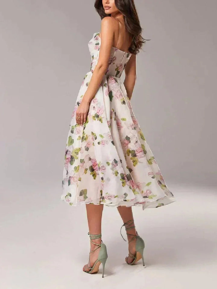 Women's Flowing Floral Midi Dress with Fine Straps