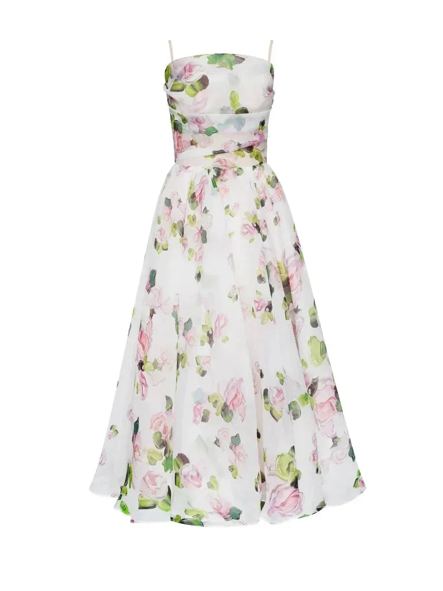 Women's Flowing Floral Midi Dress with Fine Straps
