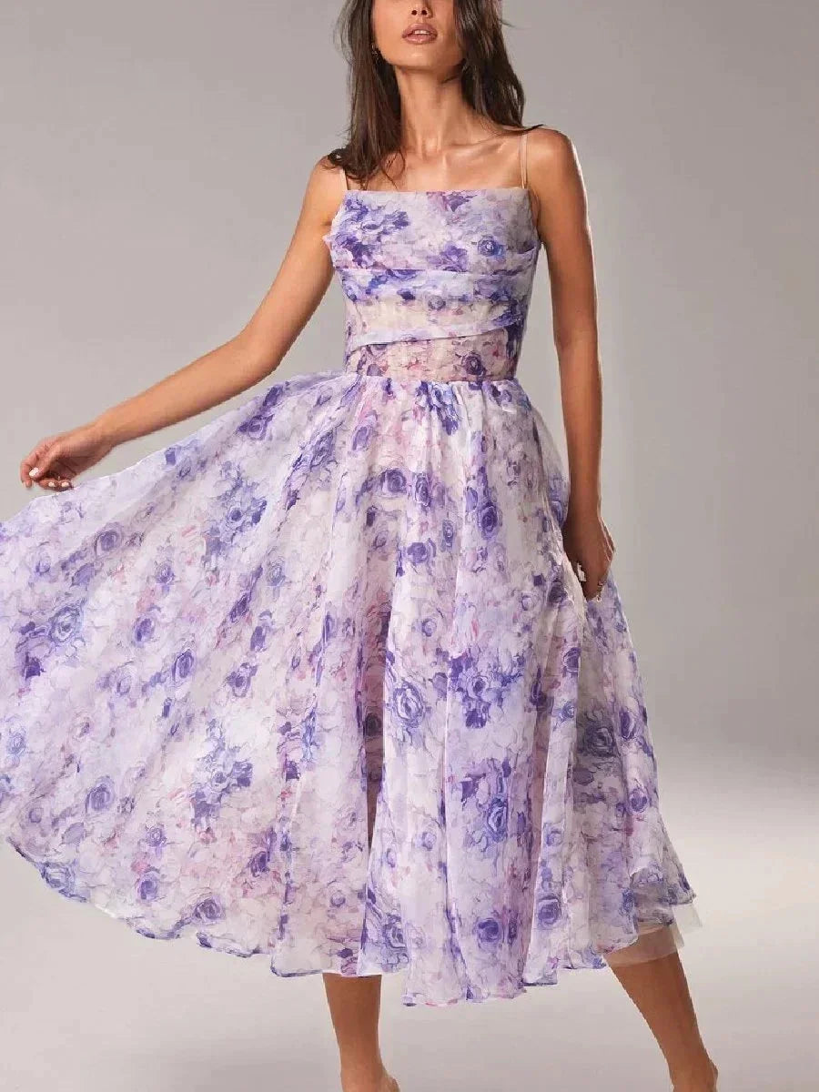 Women's Flowing Floral Midi Dress with Fine Straps