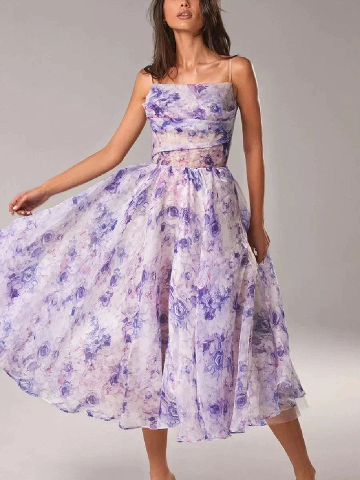 Women's Flowing Floral Midi Dress with Fine Straps