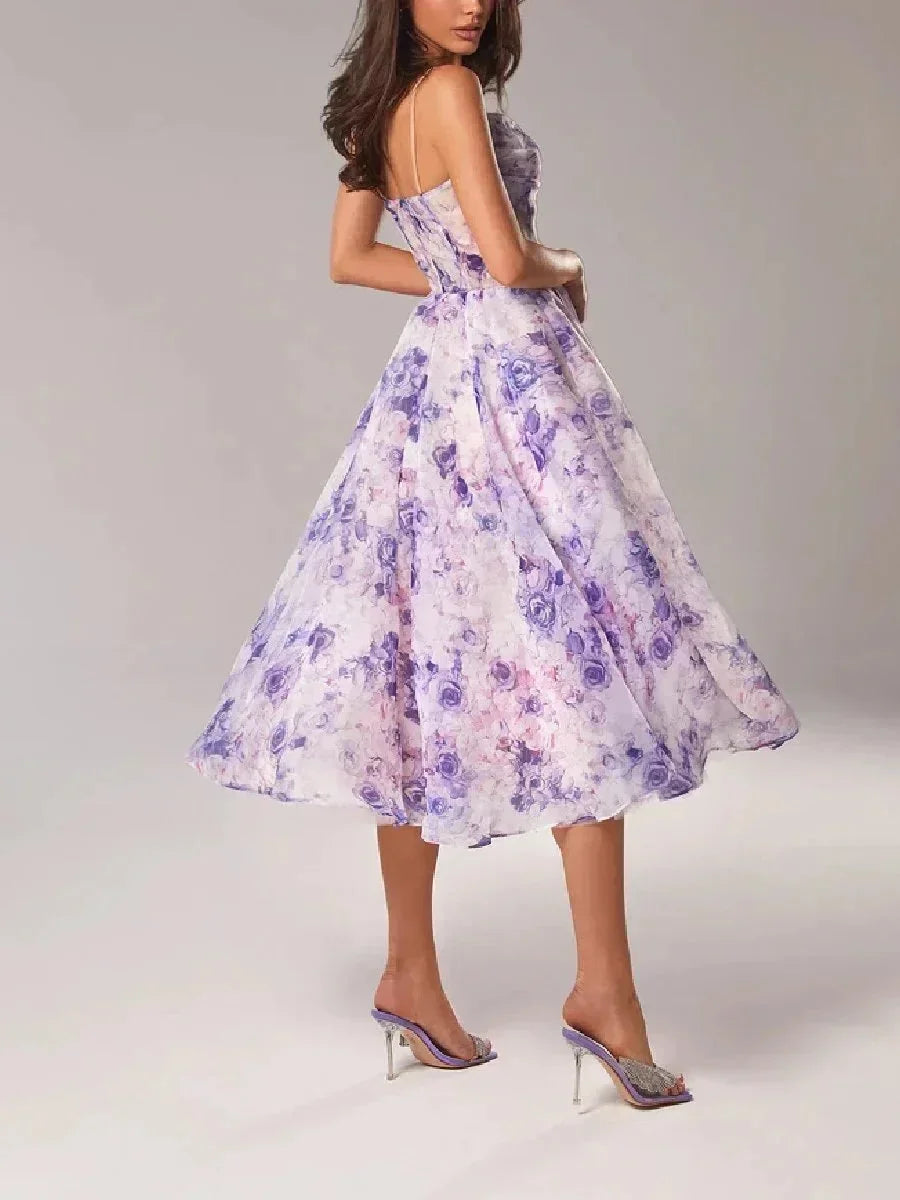 Women's Flowing Floral Midi Dress with Fine Straps