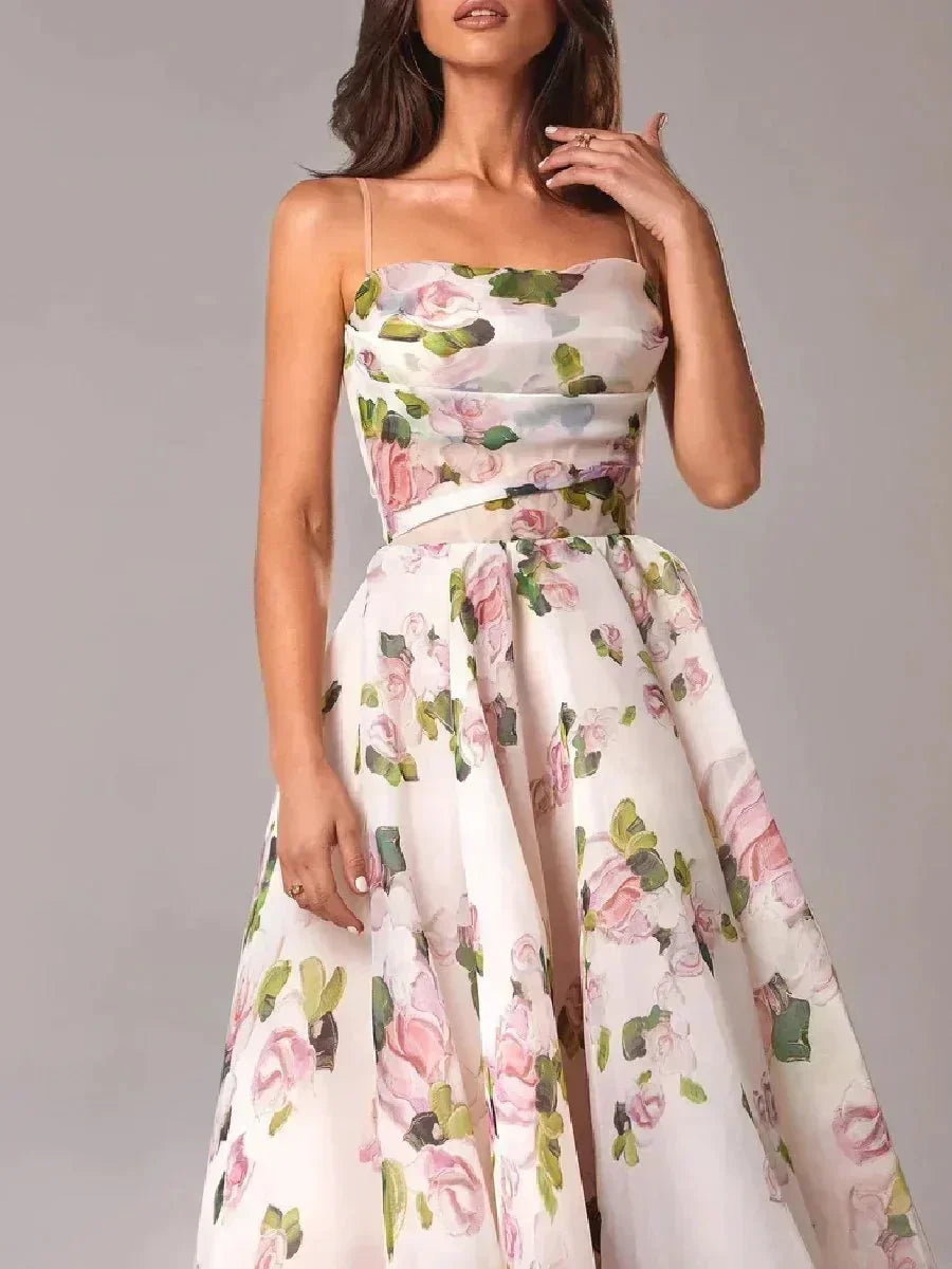 Women's Flowing Floral Midi Dress with Fine Straps