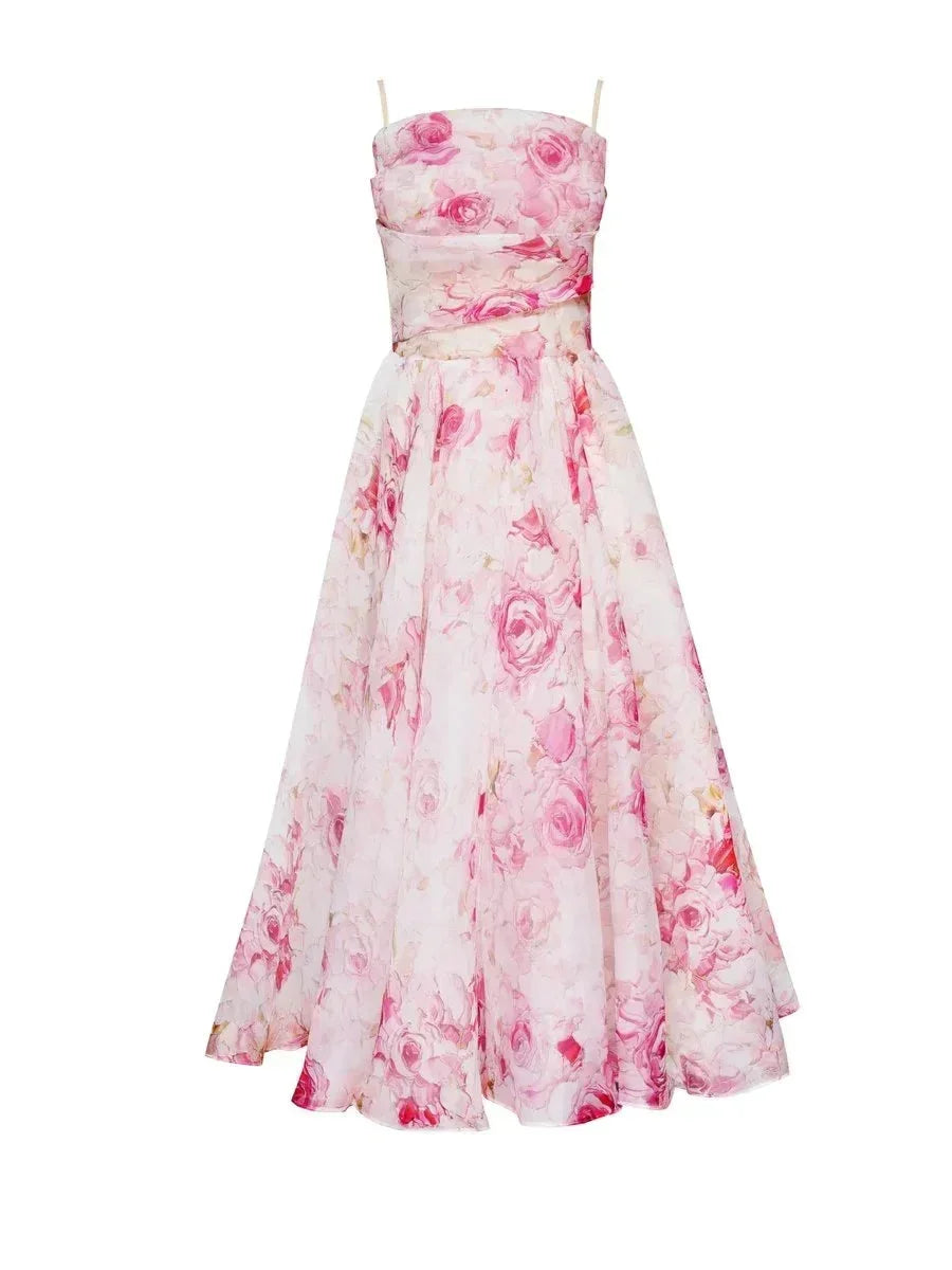 Women's Flowing Floral Midi Dress with Fine Straps