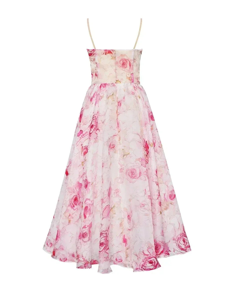 Women's Flowing Floral Midi Dress with Fine Straps