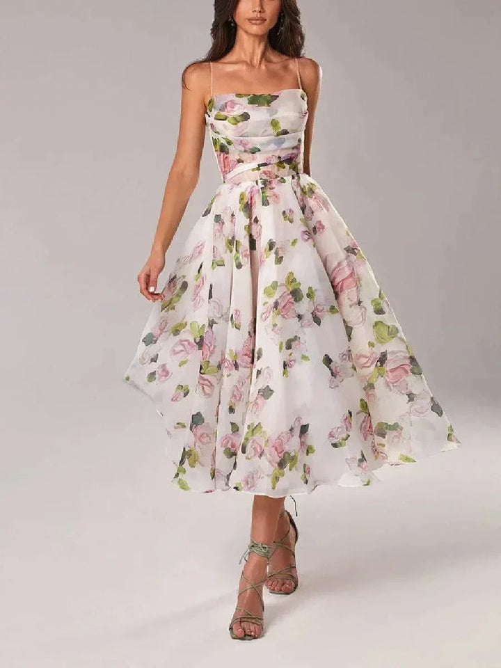 Women's Flowing Floral Midi Dress with Fine Straps