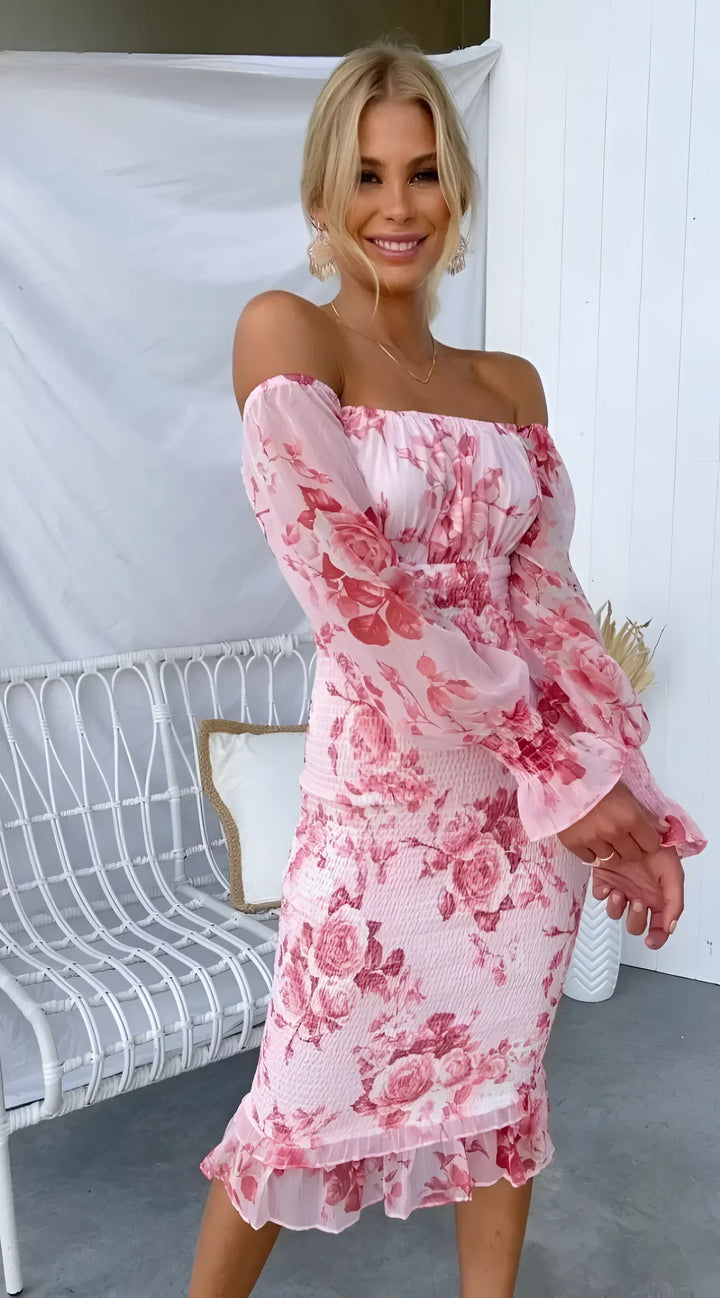 Women's Floral Off-the-Shoulder Midi Dress with Long Sleeves