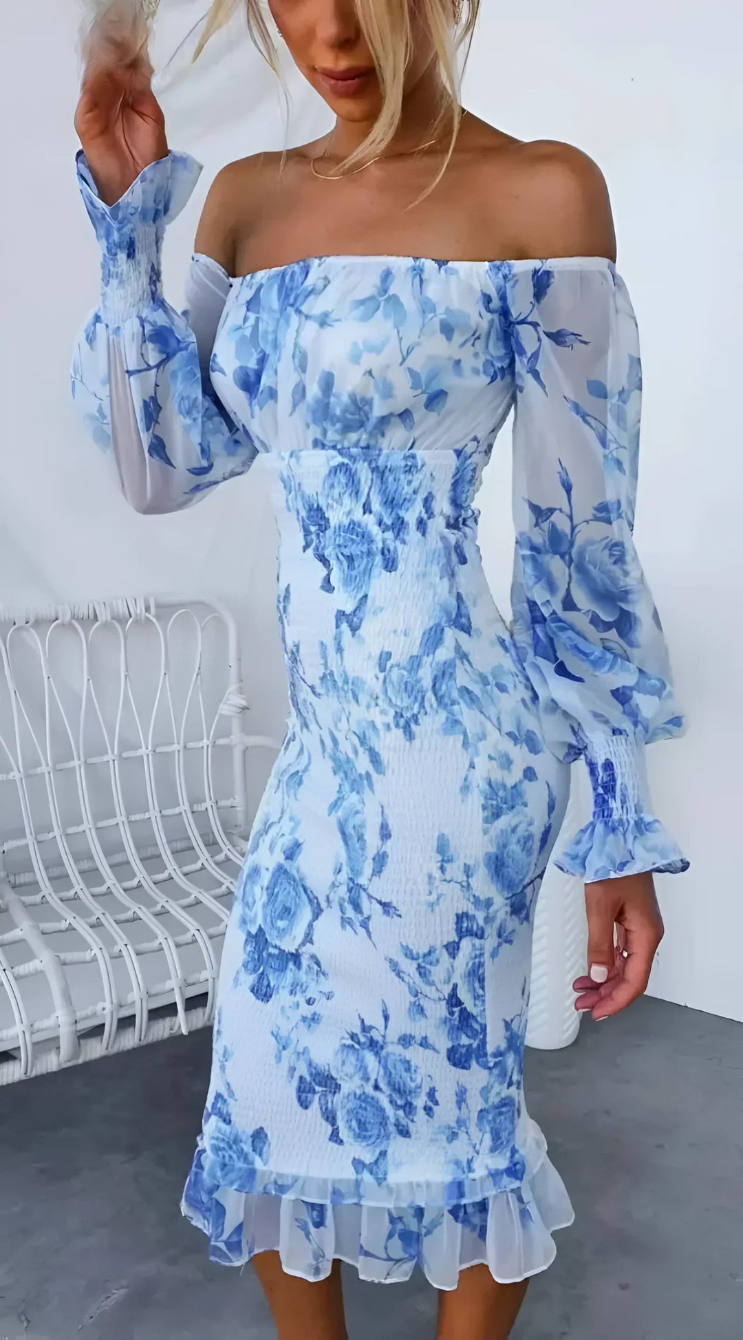 Women's Floral Off-the-Shoulder Midi Dress with Long Sleeves