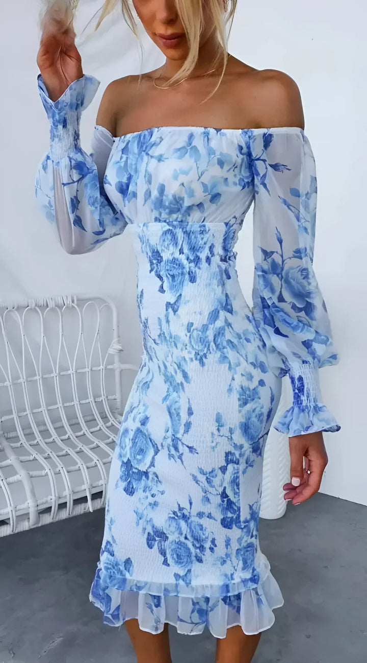 Women's Floral Off-the-Shoulder Midi Dress with Long Sleeves