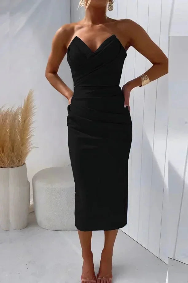Women's Strapless Evening Midi Dress with Sweetheart Neckline