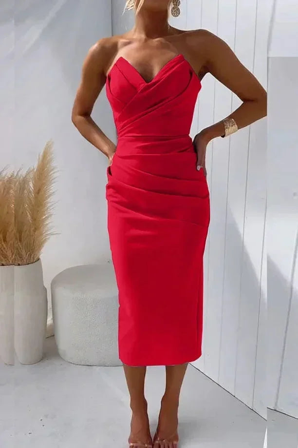Women's Strapless Evening Midi Dress with Sweetheart Neckline