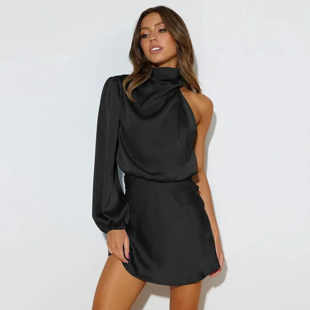 Women's Short Asymmetric Dress with Draped High Neck and Long Sleeves