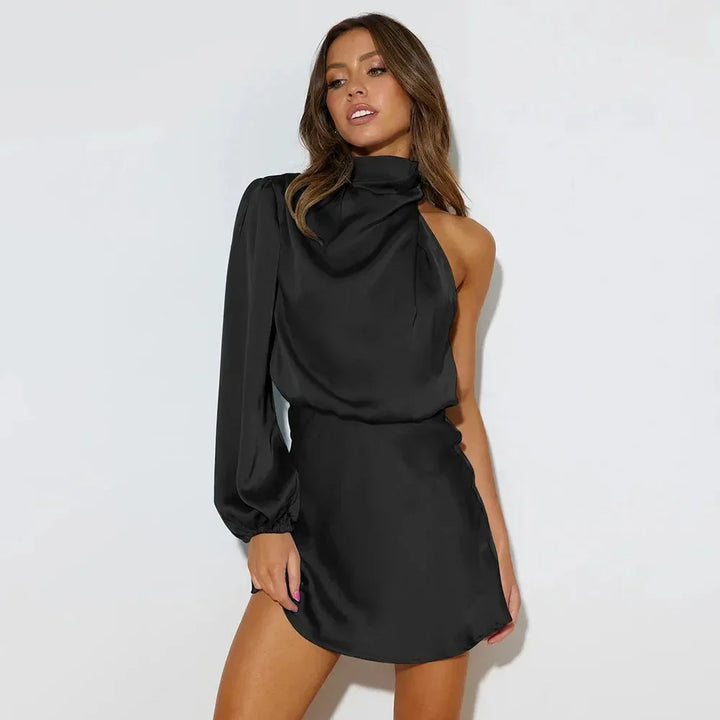 Women's Short Asymmetric Dress with Draped High Neck and Long Sleeves