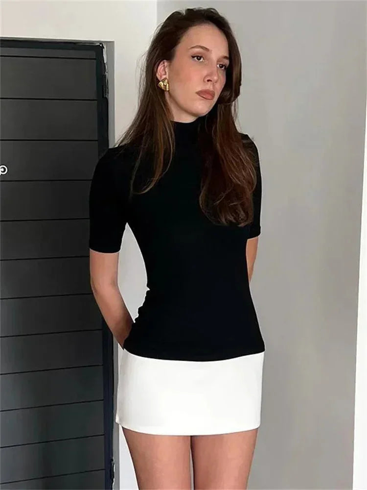 Women's Two Tone Roll Neck Mini Dress with Short Sleeves