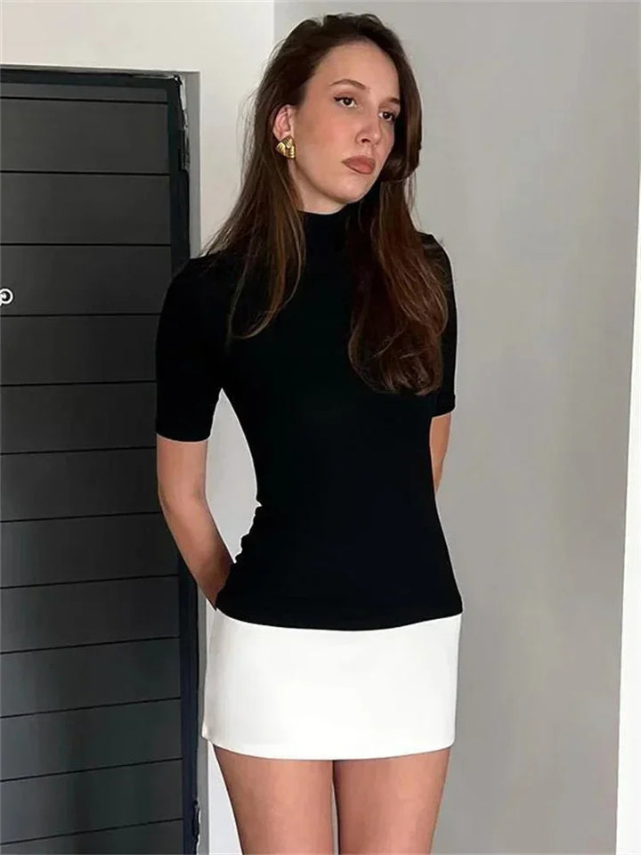 Women's Two Tone Roll Neck Mini Dress with Short Sleeves