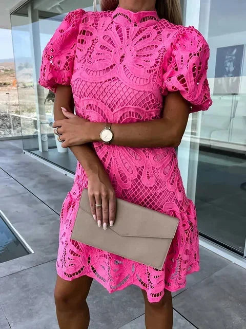 Women's Mini Lace Dress with Puff Sleeves and High Collar