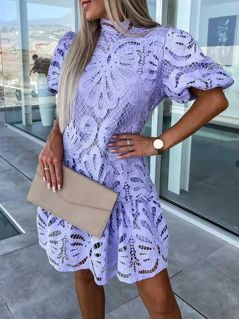 Women's Mini Lace Dress with Puff Sleeves and High Collar
