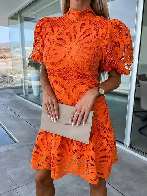 Women's Mini Lace Dress with Puff Sleeves and High Collar