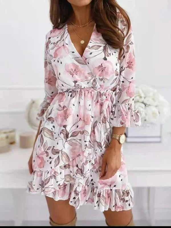 Women's Mini Floral Dress with Ruffled Sleeves