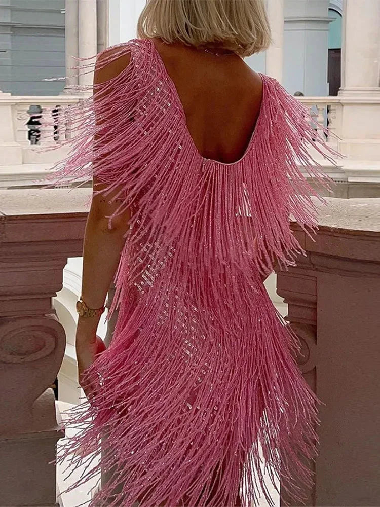 Women's Sleeveless Mini Evening Dress with Glossy Fringe
