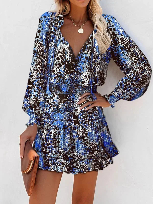 Women's Mini Dress with Mixed Prints and Ruffle Layers