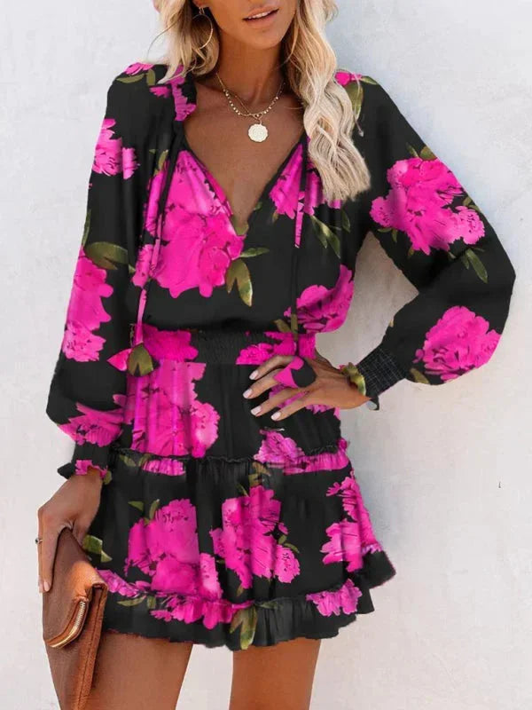 Women's Mini Dress with Mixed Prints and Ruffle Layers