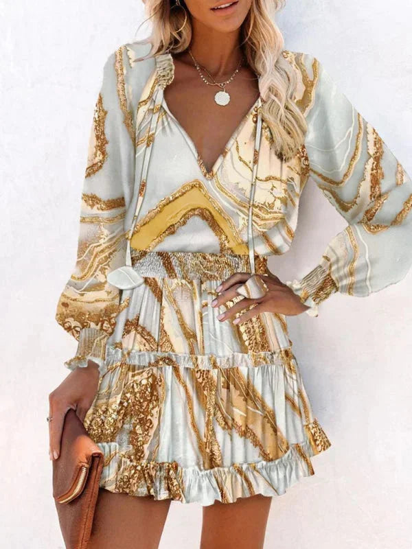 Women's Mini Dress with Mixed Prints and Ruffle Layers